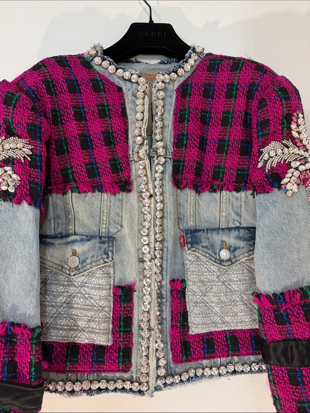 Levy’s Handmade Pink & Black Plaid Tweed and Light Blue Denim Embellished Jacket - Picture 2 of 11